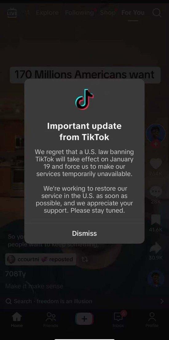TikTok恢复对美国用户的服务